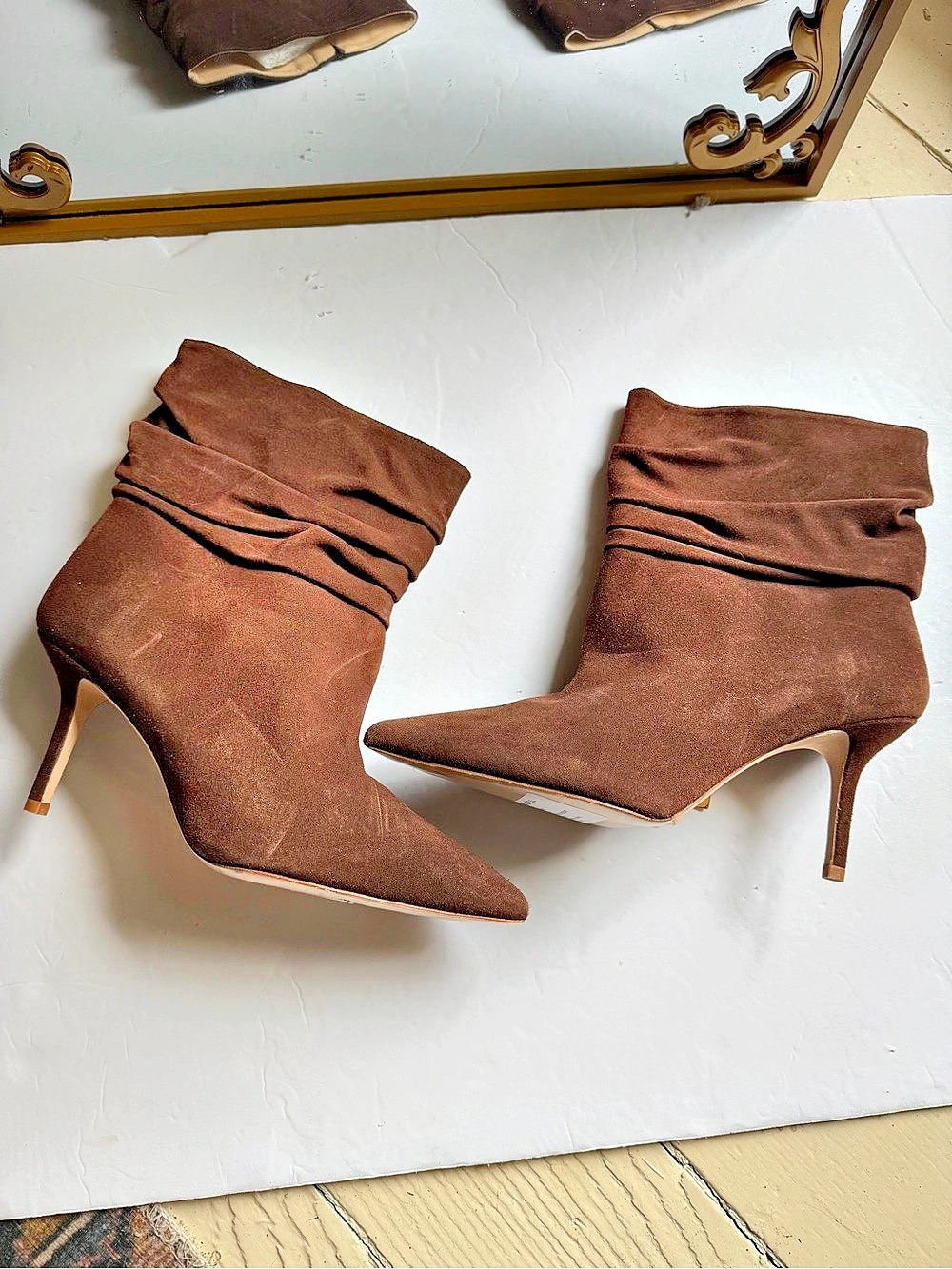 L'AGENCE Florine Pointed Toe Ruched Heeled Boots Brown EU 40
